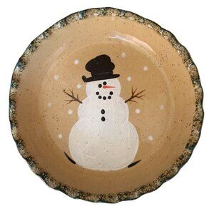 Three Rivers Pottery Pie Dish Snowman‎ Scalloped Edges Speckled Beige Green 10"